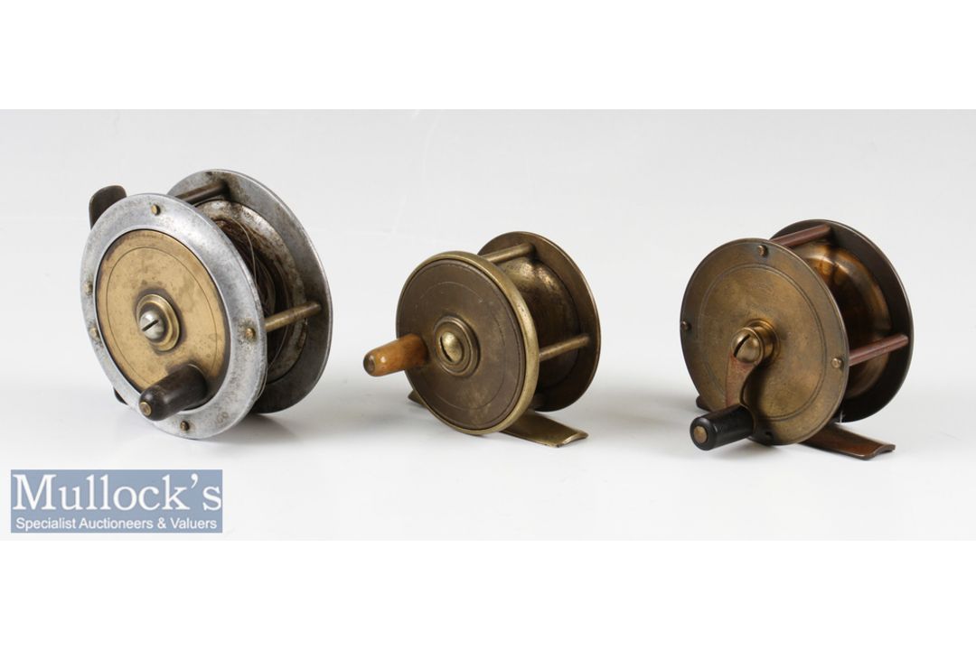 Early S Allcock 2 ¼” brass crank wind reel three pillar^ fixed check^ plus an unnamed 2” brass - Image 1 of 2