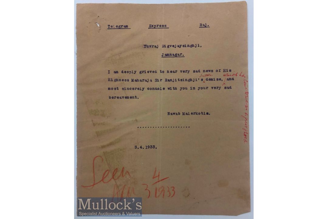 India & Punjab – Death of Ranjitsinghji - A telegram sent announcing the demise of His Highness