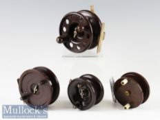 4x Bakelite centre pin reels includes 4” Modernite Pixie^ 3.75” Allcock Aerialite (2 holes to rear)^