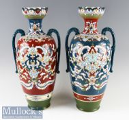 2x Large Early 20th Century Vases double handle with mythical bird and scroll design^ measures
