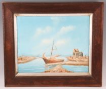 20th Century Oil Painting of a Coastal Boat Scene unsigned^ in oak frame^ painting size 50cm x