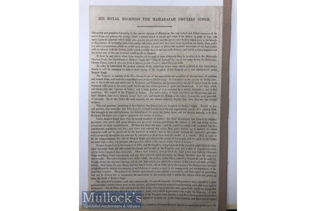 India & Punjab – 1859 Antique two page Biography of Duleep Singh on His Highness the maharajah