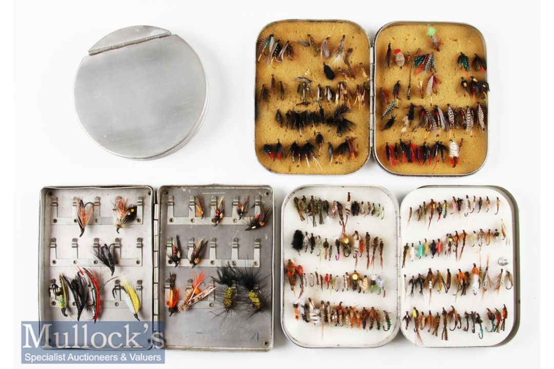 Alloy Fly and Cast Box Selection to include S. Allcock 5x3 ½” fly tin with assorted low water Salmon
