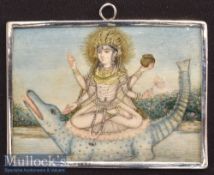 Indian Miniature Painting of Goddess Ganga upon Crocodile measuring 8x5.5cm approx. with later