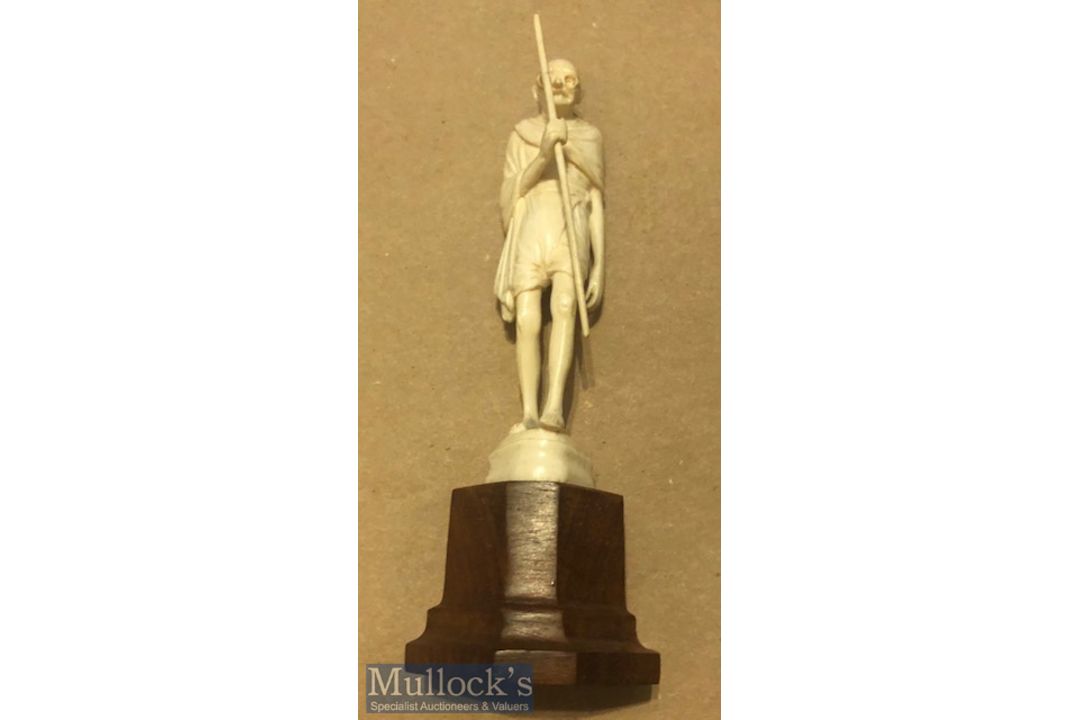 India – Rare^ finely carved ivory figure on wooden base Mahatma Gandhi with his iconic stick^