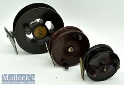 3 Bakelite Fishing Reels – 5” Twin handled^ alloy smooth foot oily^ ELO 3” twin handled^ brass