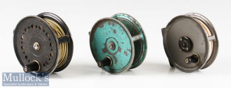 J W Young & Son Fly Reels to include Condex 3 ¾” in black^ a 3 1/2” Condex in green (heavy wear)^