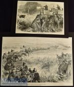 India – Two Original 1876 Engravings The Prince of Wales in the Terai^ Beating the Jungle measures