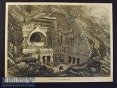 India - Buddhist Rock-Cut Temple^ Ajunta 1876 original engraving with text information to reverse^