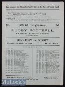 1938 Middlesex v Surrey County Rugby Programme: Traditional Richmond Athletic Ground issue, blue 4pp