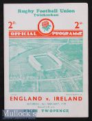 1939 England v Ireland Rugby Programme: Three way Championship tie season, incl these two nations in