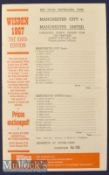 1968 Manchester Utd v Manchester City at Old Trafford cricket match single card programme for the