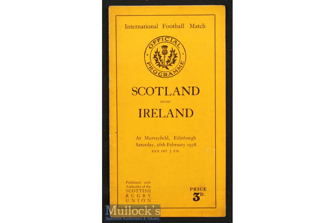 1938 Scotland v Ireland Rugby Programme: The highly traditional slim 8pp illustrated Murrayfield