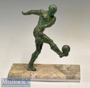 20thc large spelter figure of a football figure volleying the ball mounted on a long rectangular