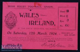 Hugely Rare 1904 Ireland v Wales Rugby Ticket: One of the earliest internationals between these two,