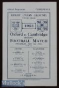 Scarce 1921 Oxford v Cambridge Varsity Match Rugby Programme: The first to be played at