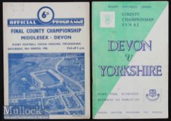 1956/57 County Championship Final Rugby Programmes (2): Devon in both, losing 13-9 to Middlesex at