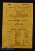 1946/47 Wolverhampton Wanderers v Manchester United Football Programme date 30 Nov, team changes,