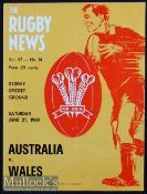 Rare 1969 Australia v Wales Rugby Programme: Lovely bright Rugby News cover for this tour game won