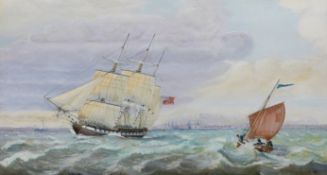 Peter Wall oil on board of 18thC frigate leaving Portsmouth, signed and dated 1986 lower right, 42 x
