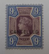 Great Britain 1887, 9d 'Jubilee', overprinted 'CANCELLED', unused, SG209var, with certificate