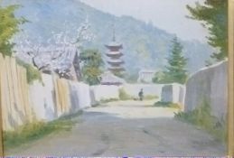 Nobuo Hayashi oil on canvas of villager walking through a calm Japanese village scene with cherry