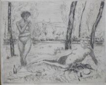 Engraving of two nude ladies picnicking in the woods, indistinctly monogrammed possibly 'E B', 25