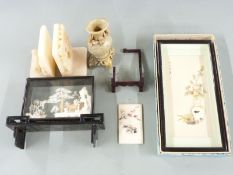 A group of Chinese collectable comprising an early 20thC Shibayama panel, soapstone vase, cork