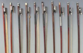 Ten various un-named violin bows, varying weights