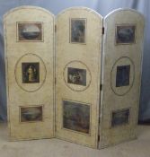 A three division room divider/screen with landscape cartouches and crackle effect finish, W183cm