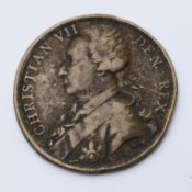 Christian VII of Denmark brass medal commemorating his visit to England August 10th 1768, diameter