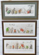 Set of three Boris O'Klein (1893-1985) 'Dirty Dogs of Paris' prints, 17cm x 44cm, framed and