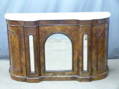 19thC burr walnut credenza with marble top, mirrored panel and bowed end doors, W152 x D49 x H91cm