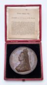 Cased Victorian 1887 bronze Jubilee commemorative medal, diameter 77mm, with original card