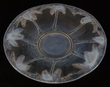 Barolac opalescent pressed glass dish relief decorated with palm trees, signed to base, 29.5cm in