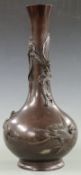 Japanese Meiji period bronze bottle vase with relief decoration depicting dragon and cranes, 39cm