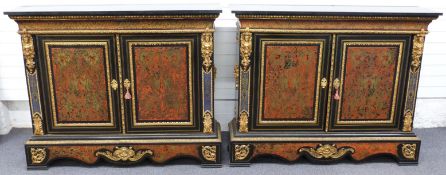 A pair of 19thC French boulle cabinets with marble tops, figural mask and decorative ormolu to the
