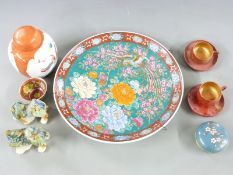 Japanese charger with marks to base, two cloisonné items, two Japanese lacquer cups and saucers,