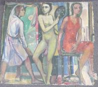 20thC Hungarian School oil on canvas, nudy lady with hat and two maids, 127 x 135cm