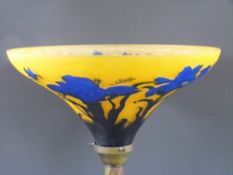 Galle style standard lamp with orange and blue cameo glass shade decorated with irises, raised on