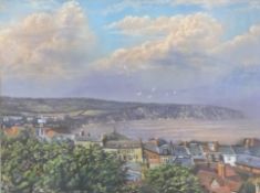 Attributed to James G Eltham, pastel 'Swanage Bay Evening', 30 x 40cm, framed and glazed with