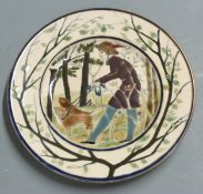 Zsolnay Pecs plate decorated with a man and two dogs, diameter 21cm