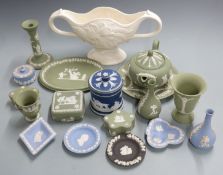 Seventeen pieces of Wedgwood Jasperware including teapot, biscuit barrel etc
