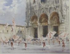 Dennis Page (1930-British) watercolour 'Flag Throwing at the Duomo, Siena', signed lower left, 35