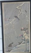 Late 19thC/20thC Japanese hand-coloured print of birds in snowy landscape, seal marks and