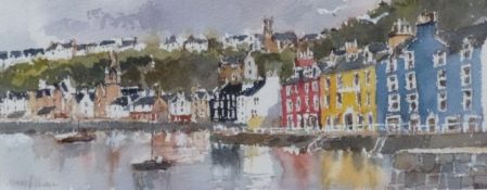 Mary Pelham, watercolour of Tobermory on The Isle Of Mull, signed lower left, 10 x 24cm, framed