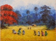 Oil on canvas of Eastern farming scene with hills beyond, indistinctly signed bottom left, 60 x