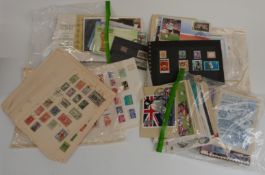 A box of loose all world stamps, album pages and sundry items
