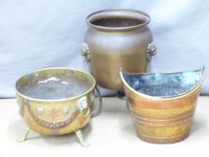 Three copper and brass coal buckets/jardinières, tallest 45cm