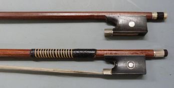 Violin bow by Tourte with octagonal plain mother of pearl eye, three piece button, 45g and another